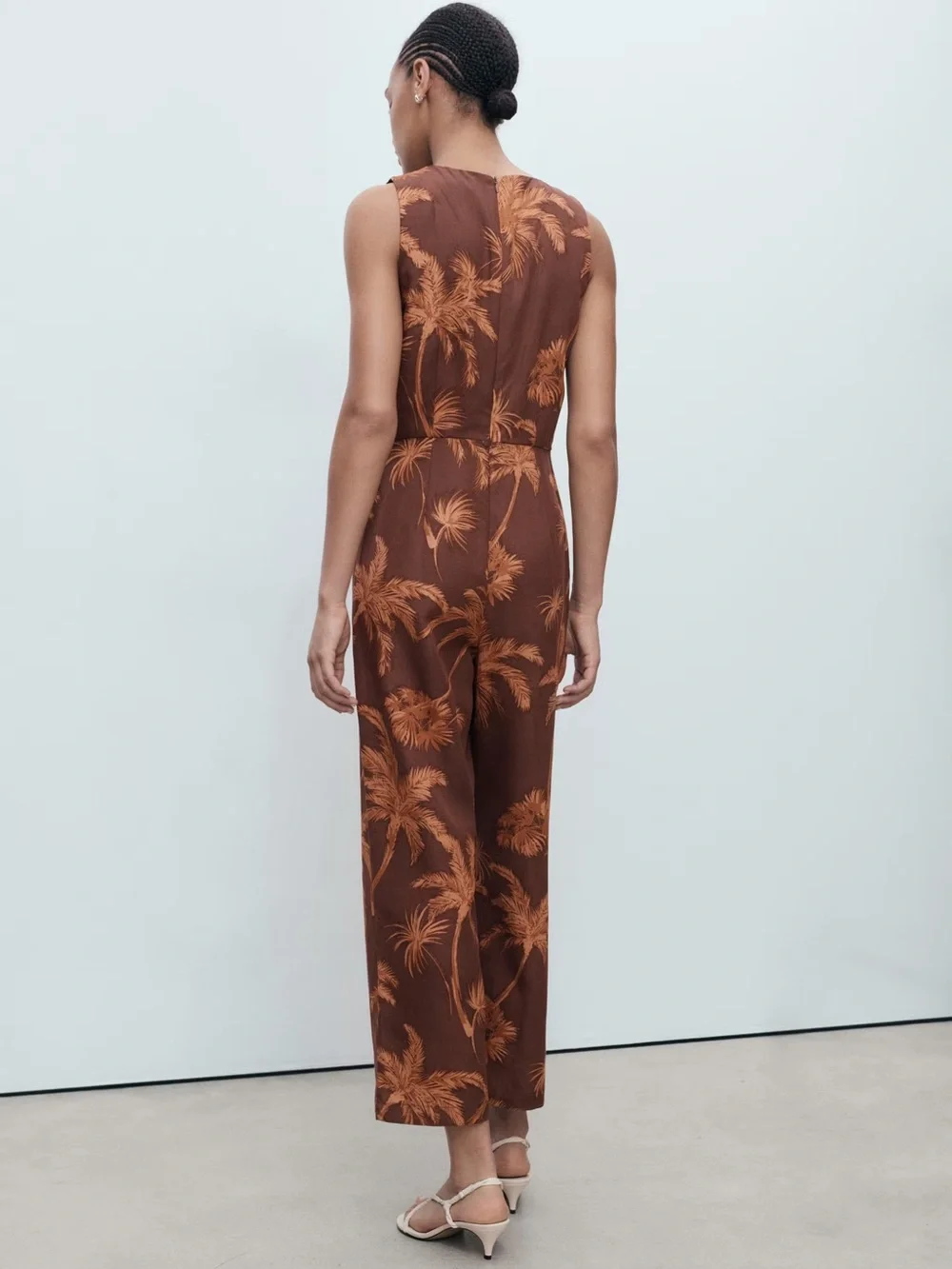 Mango Brown Palm-Print jumpsuit with cut-out and knot detail NWT
